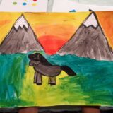 Painting of a horse between two mountains at sunset