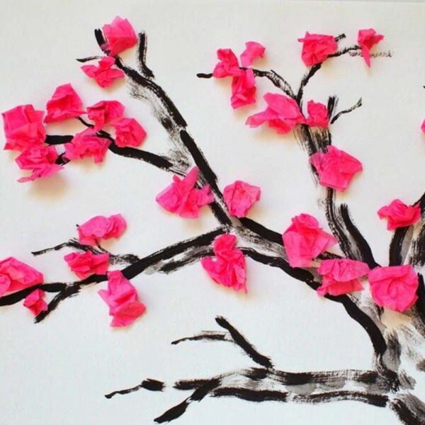 cherry blossom arts and crafts tree with pink tissue paper