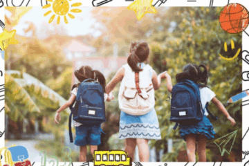 Three children walking outdoors with backpacks, holding hands and smiling, surrounded by playful school-themed doodles like stars, sun, school bus, and pencils.